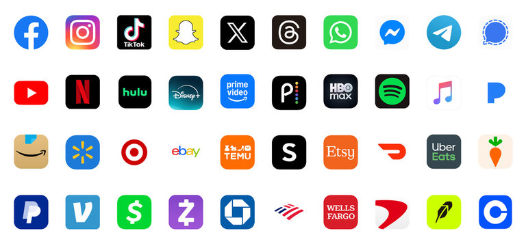 Collection of Popular Mobile App Logos. Facebook, Instagram, YouTube, TikTok, Snapchat, X, Threads, WhatsApp, Messenger logo, Telegram, Signal, Netflix, Hulu, Prime Video, Peacock, HBO Max, Spotify