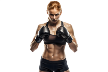 Muscular woman boxer with black gloves in fighting pose on black background Keywords: muscular, woman, boxer, fighting, pose, boxing, gloves