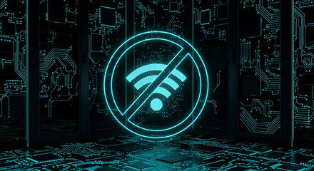 Forbidden Wifi Concept Depicted On A Circuit Board Background With Glowing Blue Details