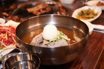Korean cold noodles in chilled broth
