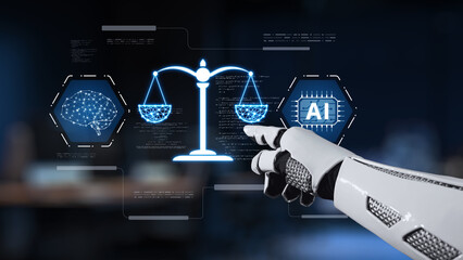 A robotic hand engages with a digital scale representing justice, showcasing the intersection of...