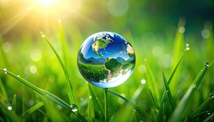 Earth Globe in Green Grass with Sun, Ecology, and Conservation Concept.