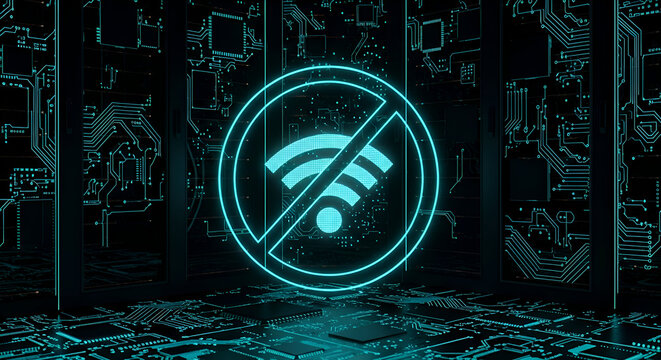 Forbidden Wifi Concept Depicted On A Circuit Board Background With Glowing Blue Details - Powered by Adobe