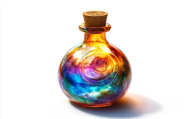 Enchanted potion bottle made of iridescent glass containing mystical liquid glowing with supernatural fantasy aura isolated on transparent background PNG