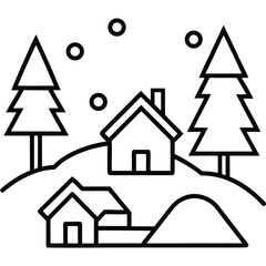 snowy village outline simple vector icon on black color and white background