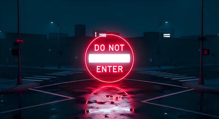 Illuminated Neon Street No Entry Signal Sign At Night Reflecting On Water