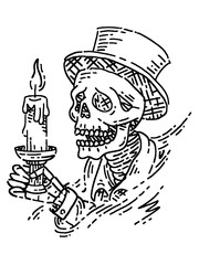 Dapper skeleton, top hat, candle, vintage tattoo line art