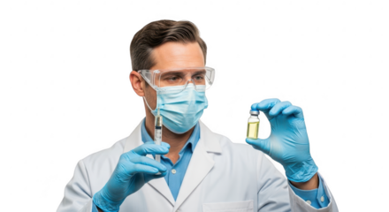 Scientist Preparing Vaccine: A dedicated scientist in a protective lab coat, gloves, and mask prepares a syringe with a vaccine vial, embodying the essence of medical advancement and research.
