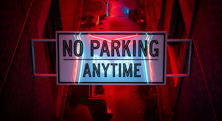 Illuminated No Parking Sign Lit by Neon Lights in a Gleaming Red Atmosphere