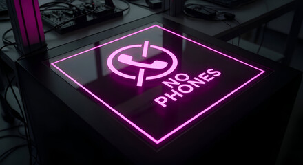 Illuminated No Phones Sign On A Table Indicates Restricted Cell Phone Use In Venue