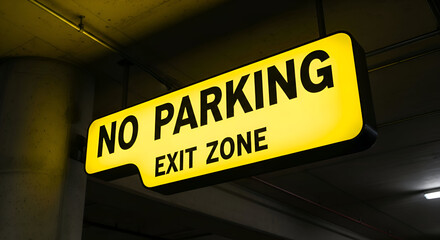 Illuminated No Parking Sign Indicating Restricted Area In Dark Underground Car Park