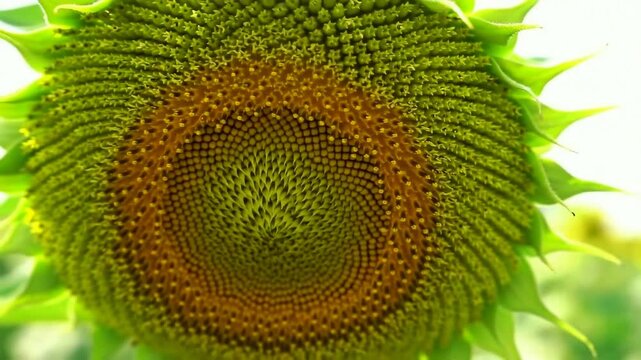 A slow zoom-out reveals the intricate and beautiful geometric pattern of florets in the center of a sunflower a perfect example of the Fibonacci sequence in nature.