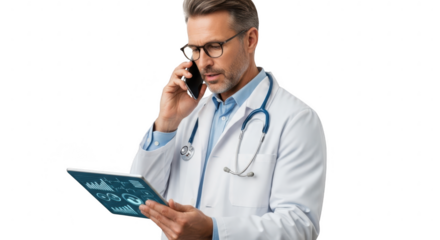Doctor Telemedicine Consultation: A focused doctor consults a tablet and conversing on a phone, showcasing a blend of traditional medical expertise with contemporary technology.