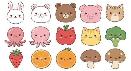 A collection of adorable kawaii-style animals and fruits in soft pastel colors, including bunny, bear, pig, cat, octopus, and vegetables, on a white background.