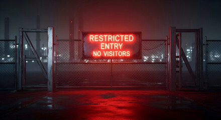 Illuminated Restricted Entry Sign On A Metal Fence Displaying No Visitors In Low Light