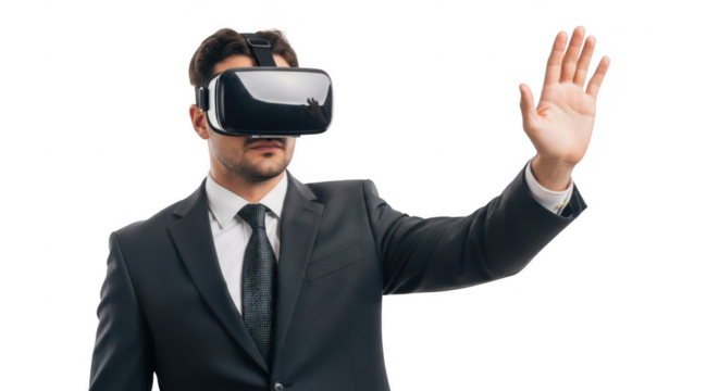 Man in VR: A businessman in a suit immersed in a virtual reality experience, his hand outstretched in the digital world.