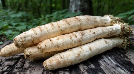 Close-up of Fresh salsify Roots on Wooden Surface with Green Forest Background