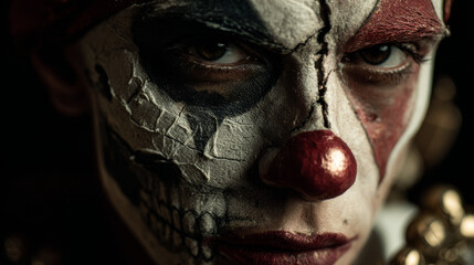 Naklejka premium Ultra-realistic portrait of a cracked-face Halloween clown with stitched makeup and dramatic lighting, detailed horror character photography concept