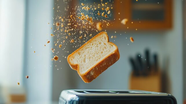 A slice of bread parachuting from a toaster, mid-air moment,