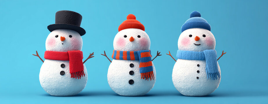 Three cute colorful cartoon snowman characters happy for winter - Powered by Adobe