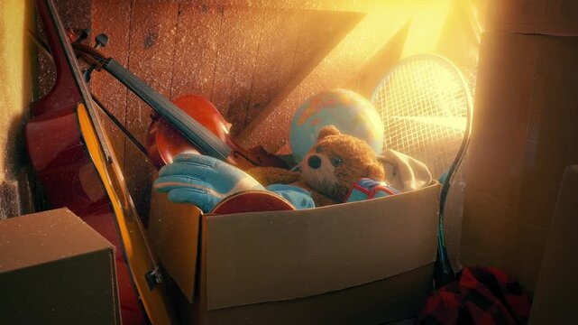 Attic With Boxes And Childhood Items In Sun Glow
