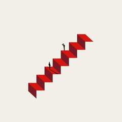 Minimalist vector illustration of an impossible situation, business dilemma, or unending challenge. Two small figures stand on an optical illusion of a red, non-ending staircase