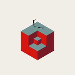 Obraz premium Vector illustration symbolizing business vision, hard work, effort, and building a foundation. A man uses a telescope atop a geometric cube-within-a-cube structure, representing depth and layers