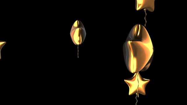 Floating metallic gold star balloons isolated on transparent background. Used for birthday decoration, party decoration, celebration design, event poster, new year eve, Christmas eve