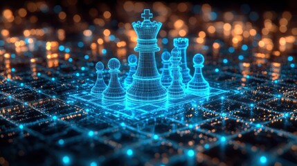 Digital chess pieces overlaid on city lights