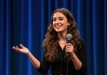 Smiling woman holding a microphone on stage with a blue backdrop.