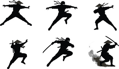 Ninja silhouette set, martial arts action poses, sword combat, stealth movement, warrior illustration, black figure collection for fighting, defense, and agility themes
