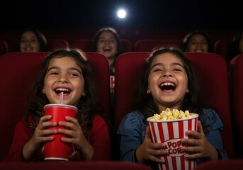 Happy girls enjoying a movie at the cinema with popcorn and drinks.