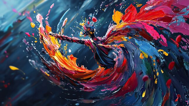 A spiral explosion of vibrant oil paint splashes frozen in the air.