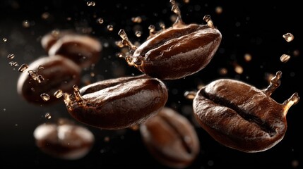 Obraz premium Gourmet Coffee Beans: Dark Espresso Splash, Droplets, Aroma, Fresh Brew, Roasted Textures, Caffeine Energy, Smooth Latte, Rich Flavor, High-Speed Photography, Gourmet Beverage