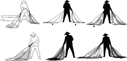Silhouette of traditional fishermen with conical hats, handling fishing nets in various poses, Southeast Asian culture, black figure illustration, fishing technique concept