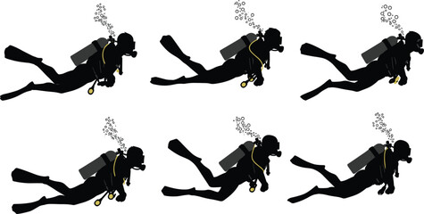 Scuba divers underwater, silhouette illustration, swimming with gear, bubbles rising, ocean exploration, diving posture, aquatic sport, marine adventure, professional scuba equipment