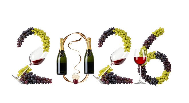 Happy New Year 2026 Celebration with Wine Glasses Grapes and Champagne