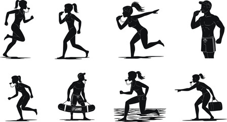 Lifeguard silhouette illustration, rescue poses, emergency response, beach safety, whistle gear, lifeguard action set for aquatic protection, vector graphic for stock use