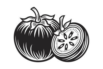 Stylized Tomato Whole and Half Vector, Detailed Cut Section on White Background