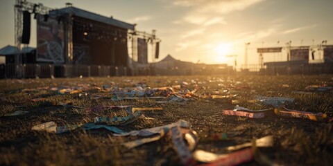 Empty Stage:  A vast music stage and open space lie desolate under a warm, setting sun, strewn with remnants of a lively event.