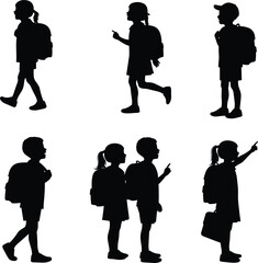 Silhouette of school children with backpacks, walking, talking, pointing, black figures in motion, concept for education, childhood, student life, and interaction