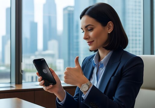 Confident business professional using smartphone for biometric authentication in modern office setting