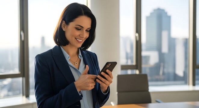 Professional businesswoman in modern office using smartphone for communication and networking