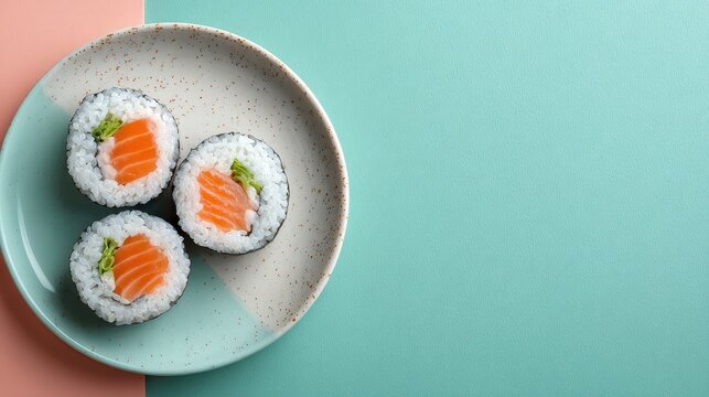 Beautiful Japanese sushi rolls with fresh salmon and rice, featuring vibrant colors, artistic presentation, and healthy seafood ingredients for gourmet dining - Powered by Adobe