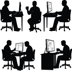 Silhouette of office workers using computers, teamwork, desk setup, technology, workplace posture, black figures on white background, minimalist business illustration