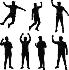 Victory, celebration, success, silhouette poses, energetic movement, motivational concept, triumphant gesture, black figure, white background, sports achievement, emotional expression, dynamic action