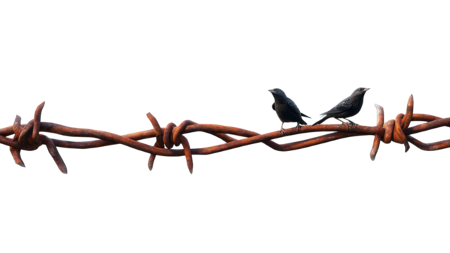 PNG of Two blackbirds resting on a rustic barbed wire fence, symbolizing freedom and confinement.