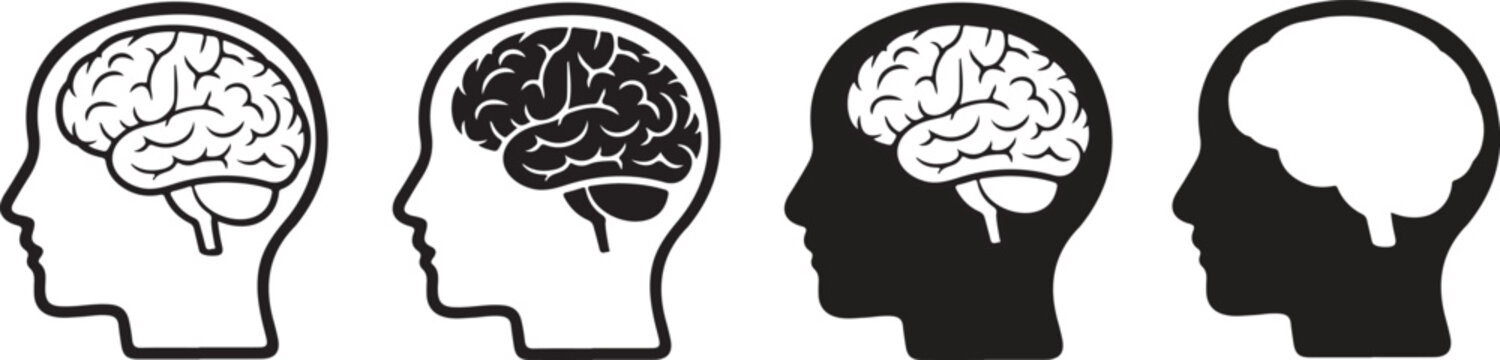 Head with brain icon set.Set of Head with brain symbol icon , outline and flat style , Brain or mind side view flat vector icon for medical apps and websites.