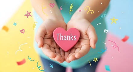 Heartfelt gratitude concept with heart-shaped thanks symbol in a colorful celebration scene for thanksgiving and appreciation cards