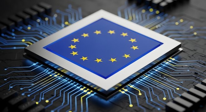 European union technology circuit board concept with eu flag on microchip for innovation and connectivity